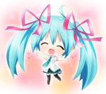  ahoge aqua_hair chibi closed_eyes hahifuhe hair_ribbon hatsune_miku long_hair necktie open_mouth outstretched_arms ribbon skirt solo spread_arms thighhighs twintails very_long_hair vocaloid 