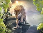  bag canine claws fog fruit grapes khaosdog mammal mane mist outside photorealism realistic solo were werewolf wolf yellow_eyes 