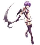  bat_wings blazing_souls boots demon_girl flat_chest full_body hairband hirano_katsuyuki holding holding_scythe leotard midriff navel official_art ponytail purple_eyes purple_footwear purple_hair purple_legwear revealing_clothes scythe short_hair smile solo spectral_(series) succubus thigh_boots thighhighs white_background wings zelena_(blazing_souls) 