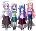  bespectacled blue_eyes blue_hair character_name collarbone full_body glasses green_eyes highres hiiragi_kagami hiiragi_tsukasa izumi_konata long_hair lucky_star mole mole_under_eye multiple_girls older pantyhose pink_hair purple_eyes purple_hair rindou_(awoshakushi) siblings simple_background sisters skirt smile takara_miyuki twins white_background 