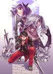  2boys adel_(blazing_souls) black_hair blazing_souls coat duzer_(blazing_souls) fingerless_gloves gloves grey_eyes gun hirano_katsuyuki kneeling long_hair multiple_boys official_art pants purple_hair shoes short_hair smile spectral_(series) sword tattoo weapon white_hair zelos_(blazing_souls) 