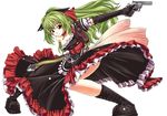  black_dress blazing_souls boots choker corset dress frills gekato gloves green_hair gun hair_ribbon half_updo lisa_(blazing_souls) long_hair red_eyes ribbon smile solo spectral_(series) weapon white_background 