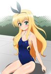  bare_shoulders blonde_hair blush breasts covered_nipples elf_k green_eyes isurugi_mio long_hair looking_at_viewer mm! one-piece_swimsuit school_swimsuit shiny shiny_skin sitting small_breasts smile solo swimsuit 