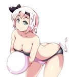  bad_id bad_pixiv_id beltbra bent_over between_legs bikini black_bikini blue_eyes breasts cleavage hair_ornament hug konpaku_youmu konpaku_youmu_(ghost) large_breasts moisture_(chichi) navel short_hair simple_background smile solo swimsuit thighs touhou white_background white_hair 