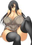  1girl amano_mokuzu bare_shoulders black_hair black_legwear black_panties black_thighhighs breasts cleavage curvy female huge_breasts legs long_hair no_pants no_skirt original panties red_eyes simple_background sitting solo sweater thighhighs thighs umino_mokuzu_(a4_size) underwear white_background wide_hips 