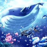  1boy alomomola blue_hair bubble bubbles carracosta goggles gym_leader jellicent luvdisc male male_focus pokemon pokemon_(game) pokemon_bw2 shizui_(pokemon) solo su_(pixiv44447) swimming turtle underwater wailmer wailord 