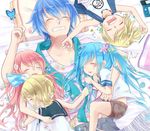  3girls aqua_scarf blonde_hair blue_hair bug butterfly child flower hair_ornament hair_ribbon handheld_game_console hatsune_miku highres insect kagamine_len kagamine_rin kaito koma_(remi_398) megurine_luka messy_hair multiple_boys multiple_girls nintendo_3ds pillow pink_hair ribbon saliva scarf siblings sleeping twins twintails vocaloid younger 