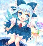  blue_eyes blue_hair bow cirno flower hair_bow hazakura_satsuki ice ice_flower incoming_gift looking_at_viewer open_mouth rose sitting smile soaking_feet solo touhou water 