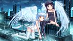  angel_beats! angel_wings bangs bare_shoulders black_hair black_legwear blue_eyes blush crossed_legs dress edogawakid full_body gokou_ruri hanazawa_kana highres kneeling lingerie long_hair long_legs looking_at_viewer mole mole_under_eye multiple_girls night no_panties no_shoes ore_no_imouto_ga_konna_ni_kawaii_wake_ga_nai seiyuu_connection silver_hair sitting smile tenshi_(angel_beats!) thighhighs underwear white_legwear wings yellow_eyes 