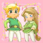  ahoge androgynous belt black_eyes blonde_hair blue_eyes brown_hair bulge color_connection crossover eyebrows link long_hair low-tied_long_hair male_focus multiple_boys pantyhose pietro_pakapuka ponytail popolocrois shirt_lift sweatdrop the_legend_of_zelda toon_link tunic usikani white_legwear 
