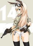  adjusting_clothes adjusting_panties animal_ears ass bad_id bad_pixiv_id black_legwear blue_eyes bunny_ears commentary dakku_(ogitsune) from_behind gloves goggles goggles_on_head gun handgun hanna-justina_marseille in_panties long_hair looking_back magazine_(weapon) panties pistol shiny shiny_skin sleeves_rolled_up smile solo strike_witches tail thighhighs trefoil trigger_discipline underwear weapon white_panties world_witches_series 