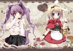  :d animal_ears basket blonde_hair blue_eyes blush brown_eyes bunny_ears capelet dress holding long_hair looking_at_viewer multiple_girls open_mouth original outline plaid plaid_skirt purple_hair shiratama_(shiratamaco) skirt smile striped striped_legwear tail thighhighs twintails wrist_cuffs 