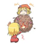  =_= aki_minoriko aki_shizuha blush fire flame food hat leaf long_hair lowres matches multiple_girls short_hair siblings sisters smile sweet_potato tori_(minamopa) touhou 