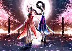  angel_slayer_(bayonetta) bad_id bad_pixiv_id bayonetta bayonetta_(character) black_hair cherry_blossoms dragon full_moon glasses gun handgun japanese_clothes jeanne_(bayonetta) katana long_hair long_legs mole moon multiple_girls night pistol seitsuji short_hair shuraba_(bayonetta) star sword thighhighs water weapon white_hair 