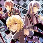  argyle argyle_background bad_id bad_pixiv_id black_hair blonde_hair coat emil_castagnier hino_(moca) jude_mathis long_hair male_focus multiple_boys red_eyes scarf sword tales_of_(series) tales_of_symphonia tales_of_symphonia_knight_of_ratatosk tales_of_vesperia tales_of_xillia weapon yuri_lowell 