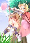  ahoge armor bandaid bandaid_on_leg blonde_hair blue_eyes blush boots cameltoe cape cloud day gauntlets grass lord_knight open_mouth panties poring ragnarok_online sekine_irie short_hair sky slime sword tree underwear weapon white_panties 