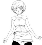  blush casual cowboy_shot greyscale looking_at_viewer monochrome persona persona_4 satonaka_chie short_hair skirt sleeveless solo suta_furachina thighhighs zettai_ryouiki 