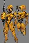  antennae armor ass bodysuit breasts gloves helmet highres lips medium_breasts multiple_views orange_bodysuit original po-ju sketch sword thick_thighs thighs weapon work_in_progress 