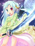  aqua_hair blush copyright_request full_moon hair_ornament heterochromia japanese_clothes katana kimono long_hair looking_at_viewer moon night obi petals sash sekine_irie sky solo sword weapon 