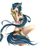  absurdres airena animal_ears armor barefoot belt blue_hair breasts cleavage earrings fang genderswap hair_ornament highres jewelry league_of_legends licking long_hair midriff red_eyes signature teemo tongue very_long_hair warwick 