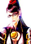  bad_id bad_pixiv_id bayonetta bayonetta_(character) black-framed_eyewear black_hair blue_eyes bodysuit chain chain-link_fence cleavage_cutout earrings eyeshadow fence glasses hair_ribbon heart jewelry lipstick looking_at_viewer looking_back makeup mole mole_under_mouth red_ribbon ribbon seitsuji simple_background smile solo upper_body 