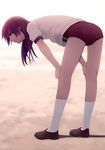  absurdres bakemonogatari bent_over black_eyes buruma coffee-kizoku full_body gym_uniform hands_on_own_knees highres legs long_hair monogatari_(series) outdoors panties panty_peek purple_hair red_buruma senjougahara_hitagi socks solo underwear white_legwear 