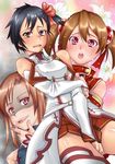  2girls asuna_(sao) asuna_(sao)_(cosplay) bare_shoulders black_eyes blush breastplate brown_hair commentary_request cosplay crossdressing detached_sleeves flower heart heart-shaped_pupils kirito lily_(flower) long_hair multiple_girls naohime otoko_no_ko red_eyes shaded_face short_hair short_twintails silica sword_art_online symbol-shaped_pupils tears thighhighs twintails white_legwear 