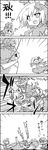  4girls 4koma aki_minoriko aki_shizuha armbar bow cirno closed_eyes comic daiyousei detached_wings fairy_wings greyscale hair_bow hair_ornament highres ice ice_wings lariat leaf letty_whiterock long_sleeves maple_leaf monochrome multiple_girls open_mouth outstretched_arms scarf short_hair sweatdrop tani_takeshi touhou translated wings wrestling yukkuri_shiteitte_ne 