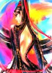  backless_outfit bad_id bad_pixiv_id bare_back bayonetta bayonetta_(character) black_hair blue_eyes bodysuit earrings glasses hair_ribbon jewelry looking_back mole mole_under_mouth ribbon seitsuji smile solo 