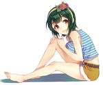  :d alternate_costume barefoot belt breast_press breasts flower green_hair hair_flower hair_ornament hairband hands_on_own_knee idolmaster idolmaster_(classic) large_breasts looking_at_viewer midriff mole mole_under_mouth navel open_mouth otonashi_kotori pink_eyes short_hair sitting smile solo striped t-okada tank_top 