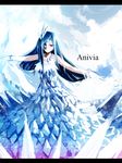  anivia bare_shoulders blue_hair bracelet character_name dress forehead_jewel gloves highres ice jewelry league_of_legends letterboxed long_hair mizunaka necklace no_mouth red_eyes solo white_gloves 