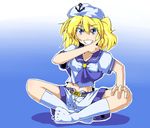  bad_id bad_pixiv_id belt blonde_hair blue_eyes blue_sailor_collar breasts cleavage collarbone futomashio gradient gradient_background grin hat highres kitashirakawa_chiyuri medium_breasts navel puffy_sleeves sailor sailor_collar short_hair short_sleeves sitting smile solo touhou touhou_(pc-98) twintails 