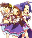  blue_hair brown_eyes brown_hair earrings forehead futami_ami hat idolmaster idolmaster_(classic) jewelry long_hair minase_iori miura_azusa monokuro69 multiple_girls one_eye_closed palace_of_dragon_(idolmaster) ryuuguu_komachi smile stuffed_animal stuffed_bunny stuffed_toy wristband 