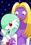  blonde_hair blue_eyes blush breast_grab breasts female gardevoir green_hair hair jynx lesbian nintendo nipples nude pok&#233;mon pok&eacute;mon purple_skin red_eyes skewerflash smile video_games 