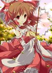  ascot bow brown_hair detached_sleeves gohei hair_bow hair_tubes hakurei_reimu leaf open_mouth red_eyes short_hair solo touhou umino_mizu wide_sleeves 