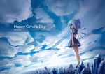  blue_eyes blue_hair bow cirno cloud dress from_behind hair_bow ice ice_wings looking_back short_sleeves sky solo touhou wings zhandou_greymon 