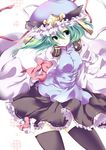  black_legwear bow green_eyes green_hair hat long_sleeves puffy_sleeves shiki_eiki short_hair solo thighhighs touhou umino_mizu wide_sleeves 