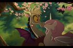  cutie_mark discord_(mlp) draconequus equine eyes_closed female feral flower friendship_is_magic hair horn horse kissing leaf male mammal my_little_pony outside pink_hair pony princess_celestia_(mlp) red_eyes spiritto tree wing_boner winged_unicorn wings wood 