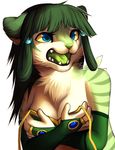  bust chest_tuft clothed clothing falvie feline female fur green_hair green_tongue hair mammal open_mouth plain_background rabiah skimpy solo stripes tiger tuft wardrobe_malfunction white_background 