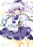  blush hat japanese_clothes kariginu long_sleeves mononobe_no_futo open_mouth ponytail purple_eyes short_hair silver_hair solo tate_eboshi touhou umino_mizu v wide_sleeves 