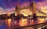  boat bridge city city_lights cityscape cloud dusk guchico landmark london no_humans olympic_rings olympics railing river scenery sky star_(sky) starry_sky sunset tower_bridge_(london) water watercraft 