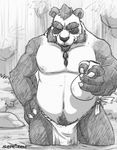  beard body_hair chubby facial_hair gourd happy_trail loincloth looking_at_viewer male mammal navel nipples panda pandaren pointing sefeiren sketch solo video_games warcraft water waterfall world_of_warcraft 