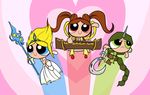  4ll alternate_costume blonde_hair blossom_(ppg) blue_eyes brown_hair bubbles_(ppg) bustier buttercup_(ppg) earrings etwahl frown green_eyes green_hair heart horn instrument janna_windforce jewelry league_of_legends long_hair multiple_girls navel parody powerpuff_girls red_eyes smile sona_buvelle soraka staff style_parody tiara twintails very_long_hair 