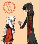  1boy 1girl agria agria_(tales) armor black_hair candy coat dark_skin dress freckles fur gaias gaius_(tales) headgear lollipop long_hair low-tied_long_hair lowres pink_background short_hair tales_of_(series) tales_of_xillia thighhighs white_hair 