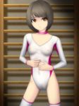  black_hair breasts brown_eyes cameltoe choker covered_nipples highres leotard medium_breasts original pink_choker pink_leotard samejima_minoru short_hair solo thighhighs white_leotard 