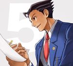  5 ahoge badge black_eyes black_hair breast_pocket chain fingernails grey_background gyakuten_saiban holding jacket leaning_forward long_sleeves male_focus naruhodou_ryuuichi necktie number open_clothes open_jacket paper parted_lips pocket sideways_mouth solo spiked_hair teeth vest 