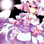  bow collarbone frills full_moon hat long_sleeves moon pink_hair puffy_sleeves red_eyes saigyouji_yuyuko short_hair solo touhou umino_mizu wide_sleeves 