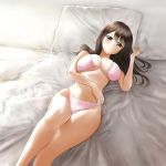  1girl bed_sheet bikini blush breasts brown_eyes brown_hair closed_mouth commentary_request eyebrows_visible_through_hair highres large_breasts legs lips long_hair looking_at_viewer lying navel on_back on_bed original pink_bikini side-tie_bikini skindentation smile swimsuit yurugumo 