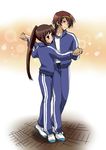  1girl brown_eyes brown_hair dancing double_vertical_stripe genderswap genderswap_(ftm) genderswap_(mtf) gym_uniform hairband kyonko long_hair ponytail rassan shoes short_hair suzumiya_haruhi_no_yuuutsu suzumiya_haruhiko track_suit uwabaki 