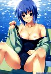  andou_tomoya blue_eyes blue_hair blush breasts cameltoe highres looking_at_viewer nipples one-piece_swimsuit school_swimsuit short_hair sitting solo spread_legs swimsuit tan tanline undressing water 